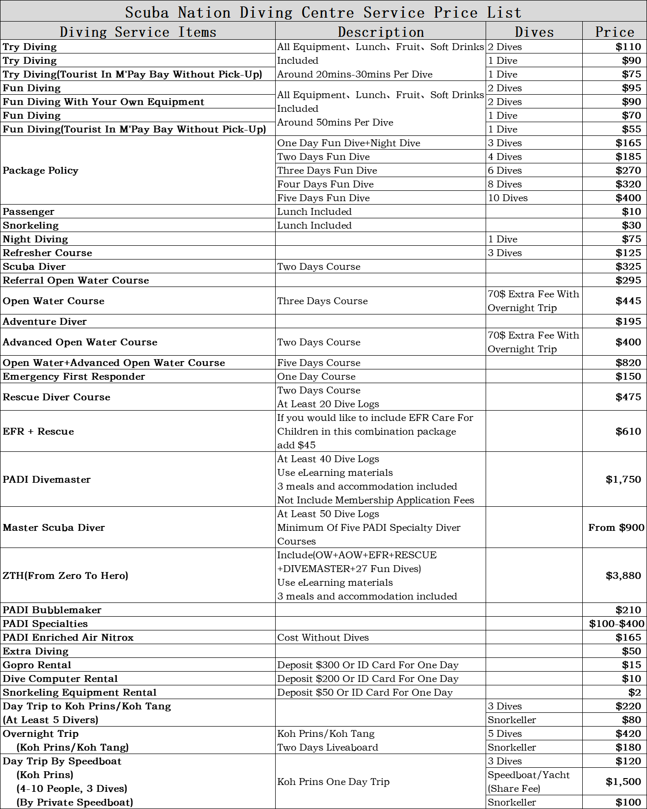 scuba-nation-diving-centre-price-list